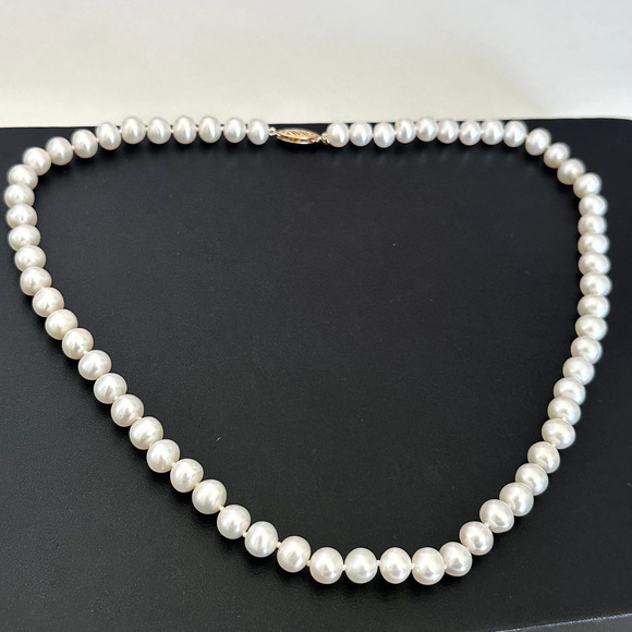 14K Yellow Gold Genuine Real 7MM Cream Pearls Hand Knotted Strand Necklace 18" - Picture 5 of 14